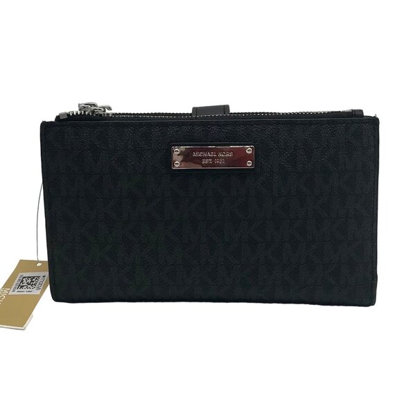 Michael Kors Black Signature Canvas and Leather Double Zipper Wallet Wristlet - Picture 1 of 11